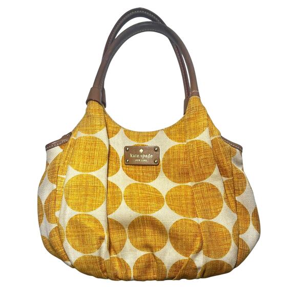 Kate Spade Hinkley Karen Bag Creme Marigold Polka Dot Canvas w/Leather Trim - Picture 1 of 10